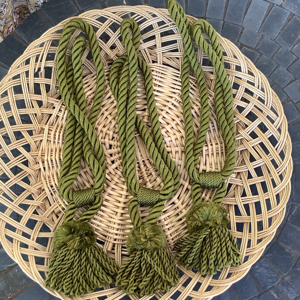 Set of 3 Olive Green Vintage Grandmillenial Curtain Tassel Rope Tiebacks
